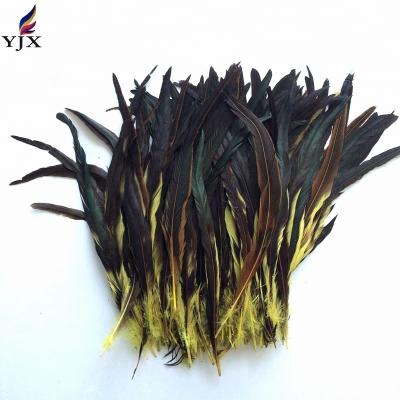 China Decorations free shipping 100pcs/bag 35-40cm dyed yellow rooster tail feather for carnival costumes for sale