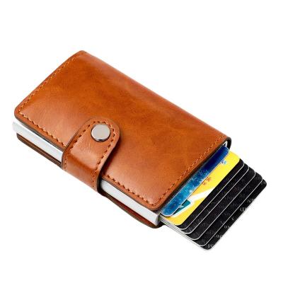 China RFID Blocking Protects Men's Slim Metal PU Leather Card Holder RFID Blocking Small Automatic Card Wallet Aluminum Money Cuts 5 Colors for sale