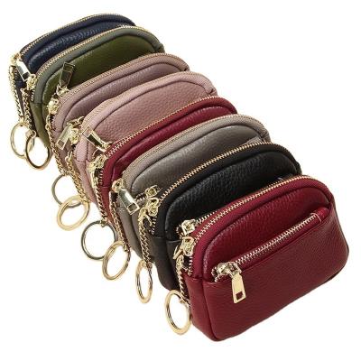 China New 8 Color Lightweight Genuine Leather Coin Pouch For Women Double Zipper Bags With Key Chain Cash Purse Mini Wallet Custom Small LOGO for sale