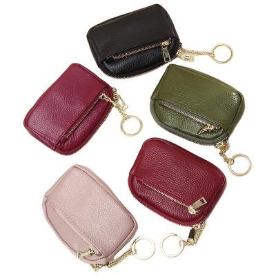 China Wholesale 8 Light Colors Leather Coin Pouch For Women Sheer Color Double Zipper Bags With Small Key Chain Cash Mini Wallet Purse for sale