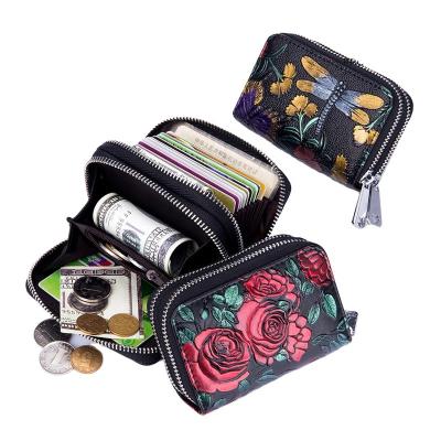 China Vintage Women's Card Holder Wallet RFID Blocking Leather Double Zipper Around Floral Colorful Pattern Cash Purse for sale