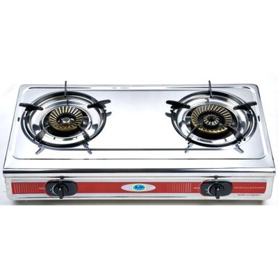 China Eco-friendly Brass Cap Cast Iron 2 Burner Stainless Steel Table Top Gas Cooker Stove for sale