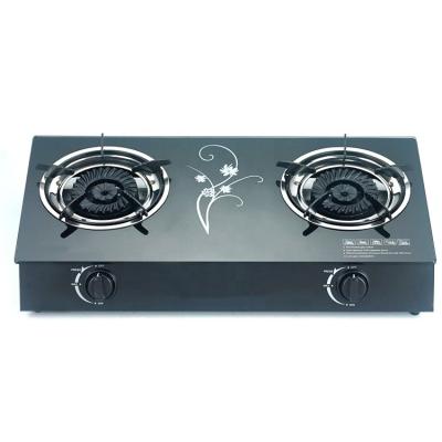 China Africa Market Europe Enamel Pan Support Cast Iron 2 Burner Tempered Glass Top Gas Stove Eco-friendly for sale