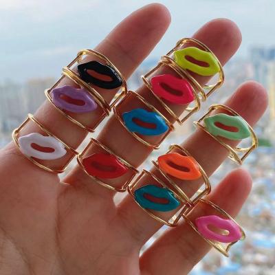 China TRENDY Hot Sale Fashion Colorful Hot Sale Fashionable Jewelry Plated Enamel Ring Double Lip Shape Double Design Brass Rings For Women for sale