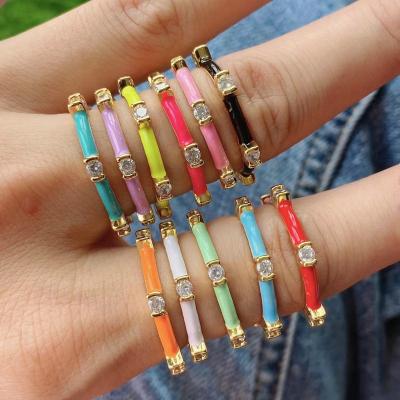 China Hot Trendy Trendy Zircon Thin Neon Colored Coated Brass Inlay Enamel Rings Jewelry Adjustable Rings Jewelry Sale For Women for sale