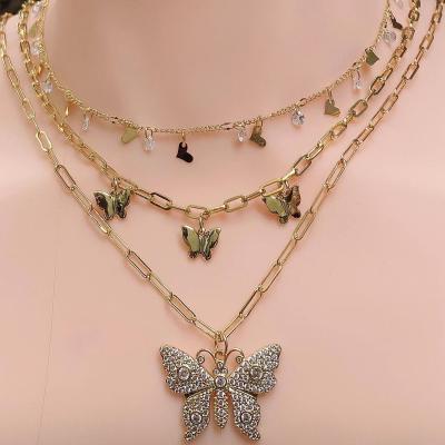 China Cubic Link Chain Crystal Choker Necklace Jewelry Bling Women Diamond Butterfly Pendant Necklace For Trendy Tasty Statement for sale