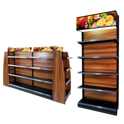 China Double-Sided Cabinet Wooden Shop Food Store Shelves Supermarket Steel Convenience Display Rack for sale