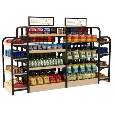 China Multifunctional Double Sided Grocery Racks Wooden Wooden Display Stand For Store for sale