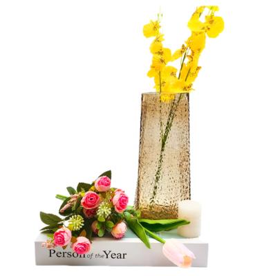 China Wholesale Unique Design New Mid-Eastern Style Thick Triangular Opening Etched Gold Color Glass Flower Vase For Home Decoration for sale