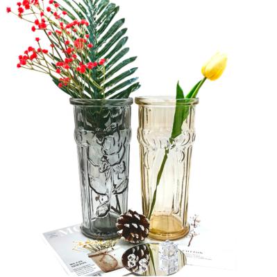 China Unique Design New Arrival Colored Glass Empty Vase Pattern Decorative Flower Vase Container For Living Room For Hotel For Table Centerpiece for sale