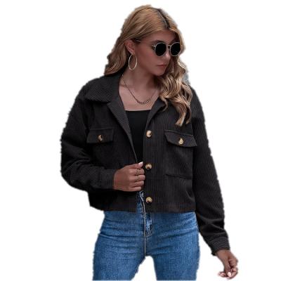 China New Fashion Women Breathable Turn-down Collar Cropped Coat Corduroy Casual Lantern Sleeves Straight Short Jacket Ladies for sale