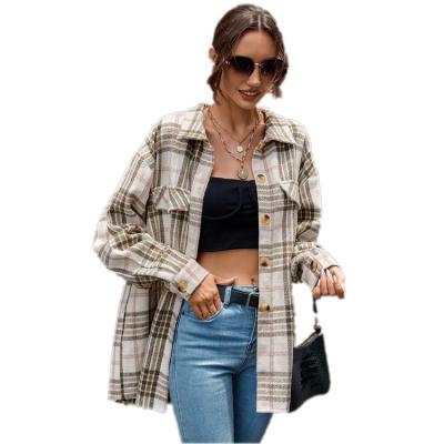 China 2021 Breathable Plaid Designed Boutique Single Button Lapel Long Sleeve Top Women With Pocket Blouse For Women Cardigans Coats for sale