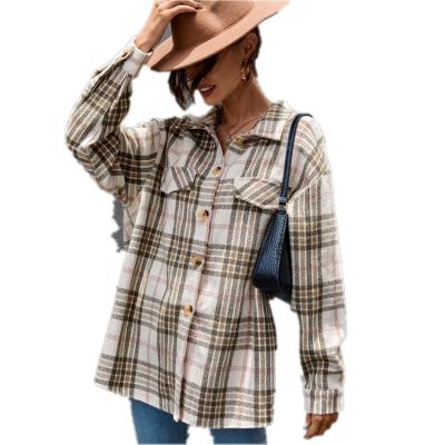 China Autumn Spring Long Plaid Shirt Breathable Women's Casual Sleeve Pocket White Button Long Up Collared Shirt Top Clothes Fashion New 2021 Fall for sale