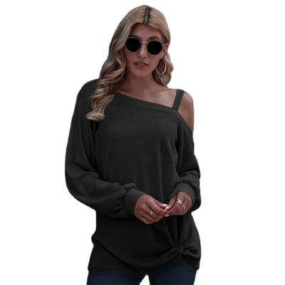 China Comfy High Quality Wholesale 2021 Madame T Shirt Autumn Inclined Shoulder Long Sleeve Waffle Women's Compressed Blouse for sale