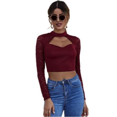 China Transparent Breathable Low Price Sexy Women Hollow Out Ladies Long Sleeve Shirt Neck Slim Fit Crop Top Top for sale