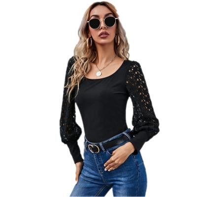 China Spring And Autumn New Style Pure Color Breathable Fashion Ladies Lace Up Shirt Large Size Round Neck Long Sleeve Tops for sale