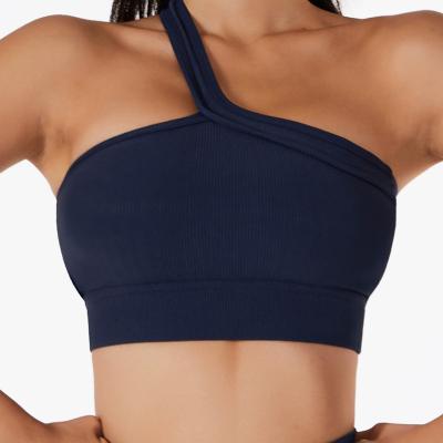 China Breathable Custom Yoga Top Shirt For Women Yoga Bra Slope One Strap Elastic Band Gym Fitness Sports Bra Bottom Wide Lower 2023 for sale