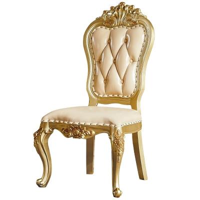 China Modern high-end modern design champagne gold leather high-back dining chair carved solid wood dining chair for sale