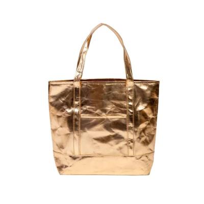 China Waterproof Custom Gold Metal Waterproof Craft Food Gift Wrapping Bag Washable Paper Bag With PU Handle for sale