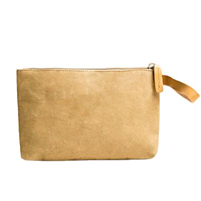 China Brown Eco-friendly Natural Washable Paper Zipper Bag Purse Washable Paper Clutch Bag for sale