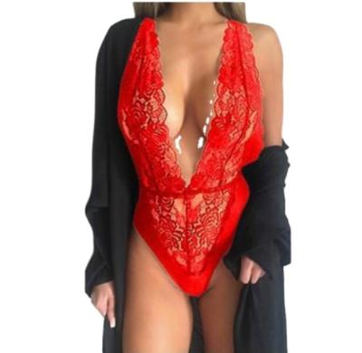 China Women 2021 Sexy Dropshipping Plunge V Lingerie Lace Bodysuit Sheer One-Piece Deep Sexy Nightwear Lingerie Sets for sale