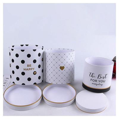 China Recyclable Custom Three Piece Suits Cylinder Packaging Hat Box With Lid Polka Dot Round Flower Paper Lid Hug Bucket Gift Box for sale