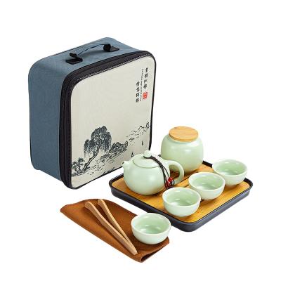 China Travel Viable Portable Tea Set Handmade Chinese Ceramic Teapot and Tea Cups Bamboo Tea Tray Portable Travel Bag for sale