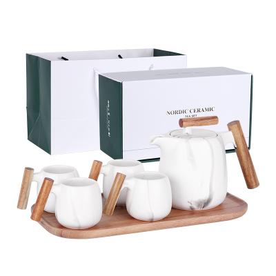 China High Quality Wooden Tea Cup Gift Box Design Viable White Marbling Ceramic Teapot for sale