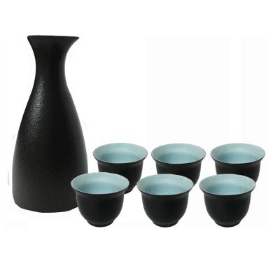 China Wholesale handmade embossed matte black ceramic sake set white logo ebay sale simple hot modern japanese set plain cheap barware matte black ceramic bottle for sale