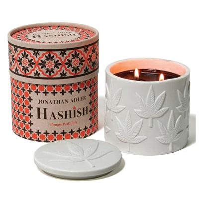 China Wholesale Handmade Embossed Leaf Design Ceramic Candle Jar by Simple Modern Hot High Quality Logo White Sale Ebay Gift Box Pillar Shape Embossed with Lid for sale