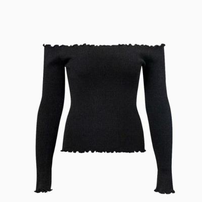 China Washable Women's Solid Color Straight Collar Thin Long Sleeve Off The Shoulder Sweater Tops for sale