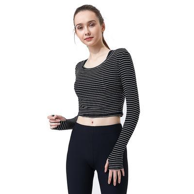 China New Style Breathable Sports Yoga Striped Clothes Women's Slim Tops With Thumb Buttons Umbilical Fitness Clothing Long Sleeve T-shirt Wholesae for sale