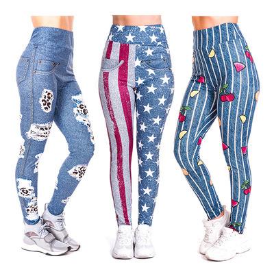 China Breathable denim 3d series digital printing nine-point leggings European and American women's high-waist yoga pants for sale