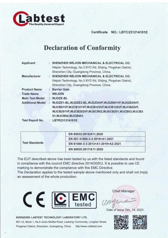 CE for Barrier Gate (EMC) - Shenzhen Wejoin Mechanical & Electrical Co.