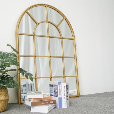 China Easy To Clean Bedroom Living Room Mirrored Furniture Art Decorative Gold Floor Arched Large Window Position Mirror for sale