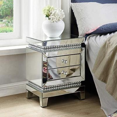 China Convertible Modern Bedroom Furniture 2 Drawer Luxury Crystal Night Stand Mirror Glass Bedside Cabinet Table for sale