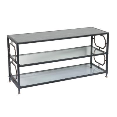 China Modern 3 Tier Metal Sight Glass Black Tempering Glass Console Table For Living Room for sale