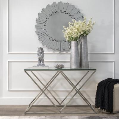 China Factory OEM ODM New Gold Sliver Modern Metal Frame Glass Top Console Table With Mirror for sale