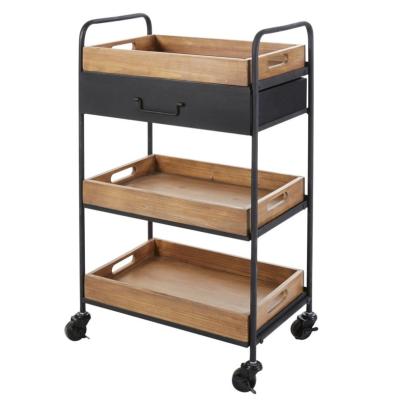 China Vintage Hotel Trolley Industrial Metal Serving Cart Wooden Style Kitchen Mobile Bar/Storage Trolley/Serving Trolley for sale