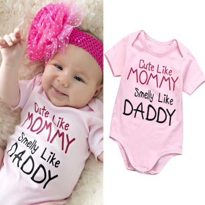 China Cute Polyester/Cotton Summer Babies Newborn Infant Jumpsuit Cute Like Stinky Mama Like Dad Printed Pink Overalls Outfits Sunsuit Clothes for sale