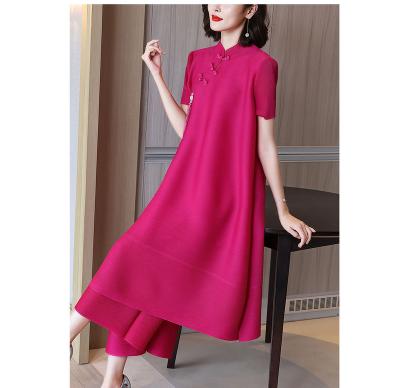 China QUICK DRY Pleated Suit Improved Loose Two-piece Set New Women's Cheongsam Suit Skirt Mother's Summer Dress 2021 Big for sale