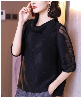 China 2022 New Style QUICK DRY Wrinkle Big 3/4 Sleeve Sequined With Ribbon Embroidery Push Up Collar Neck Women Tops for sale