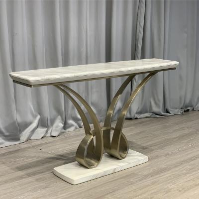 China Hot sale special steel base lobby gold stainless steel console table plexiglass luxury white marble top console table for sale