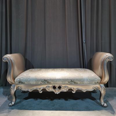 China European Antique European Bedroom Furniture Fabric Bench Solid Wood Carving Stool for sale