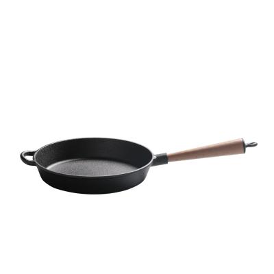 China Amazon Selling Hot Sustainable Cast Iron Wok Pan Frying Pan Cookware Sets Frying Pan With Wooden Handle for sale