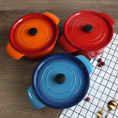 China Large Capacity Enamel Stew Pot Viable Cast Iron Thickened Binaural Soup Pot for sale