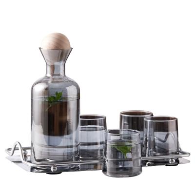 China Nordic Style Gray Amber Color Water Bottle Jug Stocked Glass Cold Cup Set With Stainless Steel 6pcs Tray Set for sale