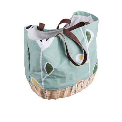 China Cotton Fabric Supplier Hand Weaving Natural Wicker Picnic Basket Handbag With Pull Rope for sale