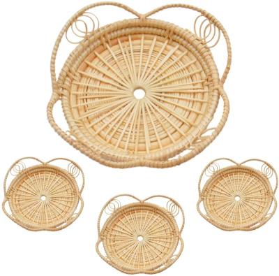 China Viable Natural Color Rattan Placemat Round Woven Handmade Table Mat Place Mat Wicker Cup Mat for sale