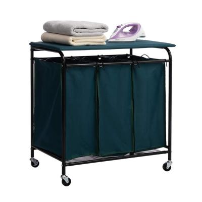 China Traditional Wholesale Customized Laundry Sorter Trolley Classic Rolling 3 Bag Laundry Basket Heavy Duty Sorter with Ironing Board for sale